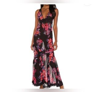 $118 MSRP Free People Intimately Floral Black Maxi Slip Dress w/lace trim sz SM